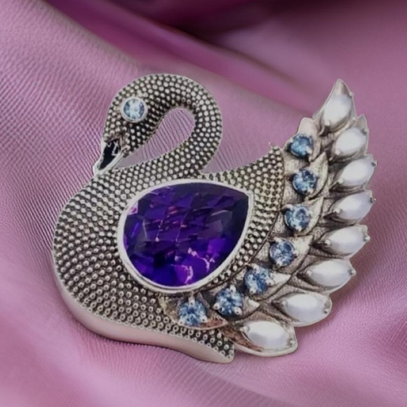 🌟NICKY BUTLER 925 Sterling Silver Purple Quartz Doublet Swan Pin Brooch NEW NB - Picture 2 of 11